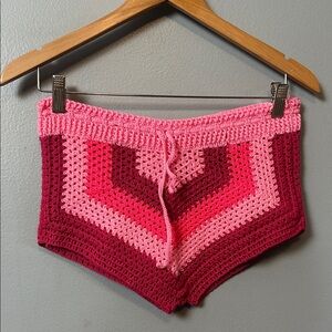 handmade crochet boho-style shorts in shades of pink  small drawstring waist